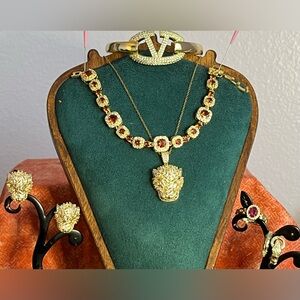 Gold Panther Necklace/Earrings w/a V Bangle, Snake & Ruby Rings; Garnet Bracelet